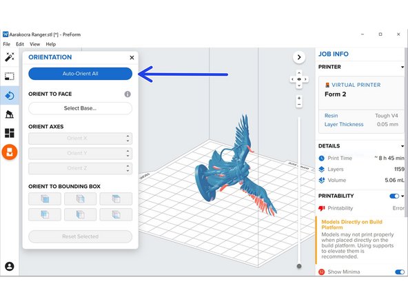 Click Auto-Orient All under orientation to automatically orient all parts on the build tray