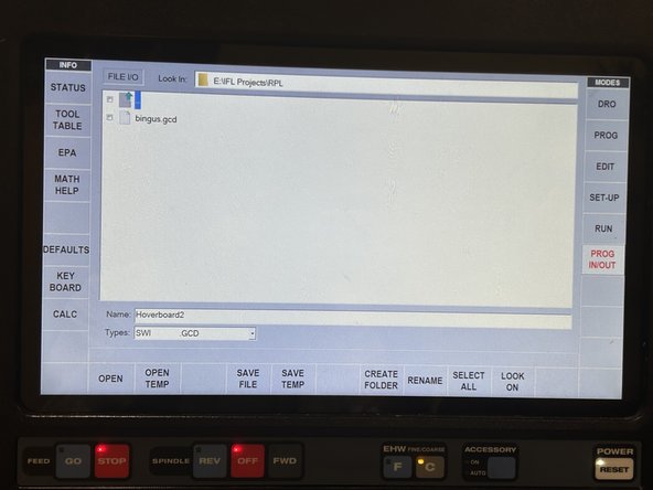 Our program is loaded onto flash drive E which should already be inserted into the machine, if not, have an IFL team member help you locate and load it onto the machine.