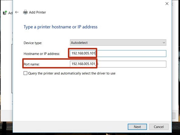 Type in “192.168.005.101” and hit next (port name should auto fill)