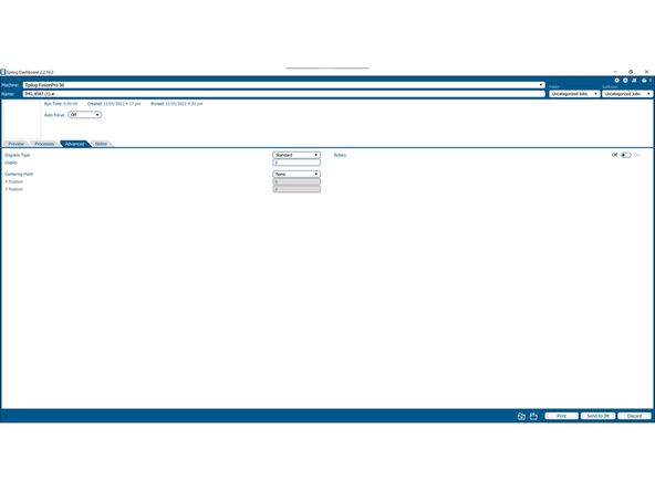 This is the advanced tab. It can be used to change the engraving type to stamp or 3D as well as set the centering point or the rotary type.
