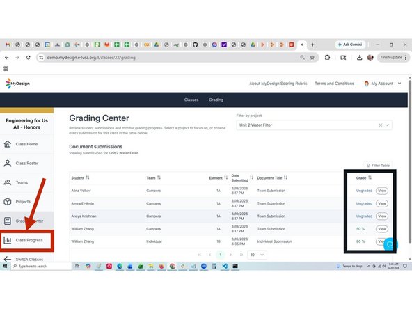 Note that the team document submission for the student who was scored is shown with an actual grade,  while the Grade is shown as "Ungraded" for the remaining three students in the team who were not graded.