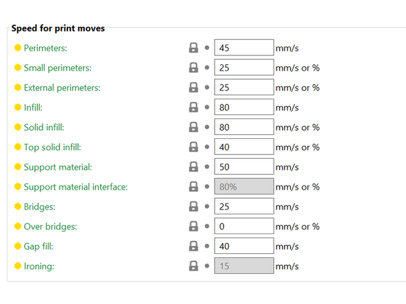 Print speed varies throughout a print. See Picture 1 and Picture 2 for the print speeds for the 0.20 mm Quality print profile for the MK3S. These settings can be found under Print Settings / Speed.