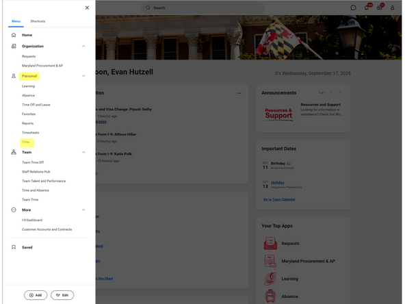Open Workday and select Menu at the top left.