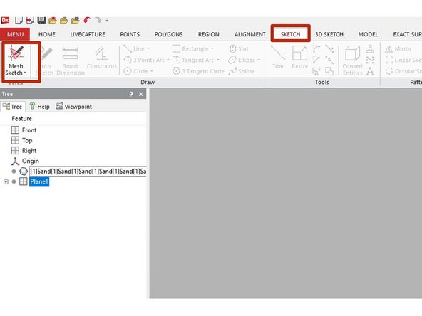 Now that we created a reference plane, we will use that to create a mesh sketch. This tool lets us create a sketch with geometry extracted from existing scans