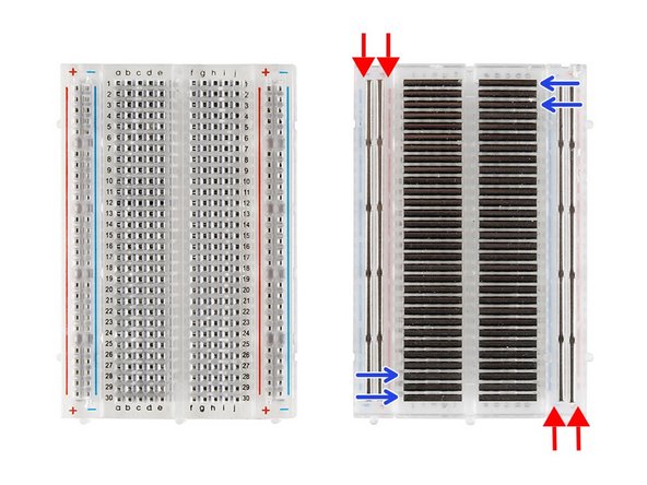 In the breadboard, there are horizontal and vertical rows, where the horizontal rows can be known as power rails and vertical rows are known as terminals.