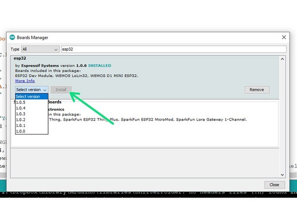 Navigate to Tools --&gt; Board --&gt; Boards Manager. Find 'esp32' and install it.