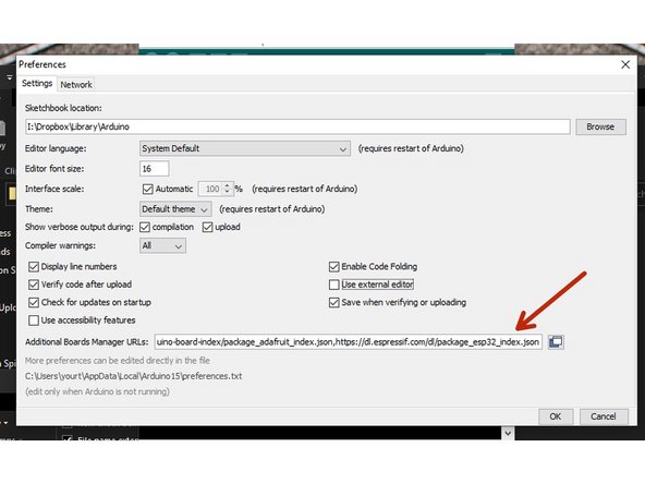 Open the Arduino software and open its Preferences.  Add the following to the Additional Boards Manager URLs field, then restart Arduino: https://dl.espressif.com/dl/package_esp3...