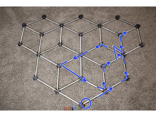 Solder up the last group of strips, starting with the strip circled blue and following the arrows.