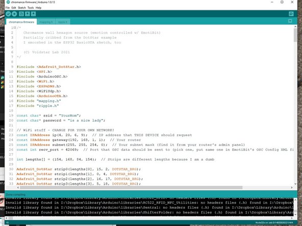 Open the firmware. Change the SSID, password, Gateway, and Subnet to fit your router configuration. Pick an IP address that's unused, preferably outside your router's DHCP range. Pick a recv_port, ideally above 16000.