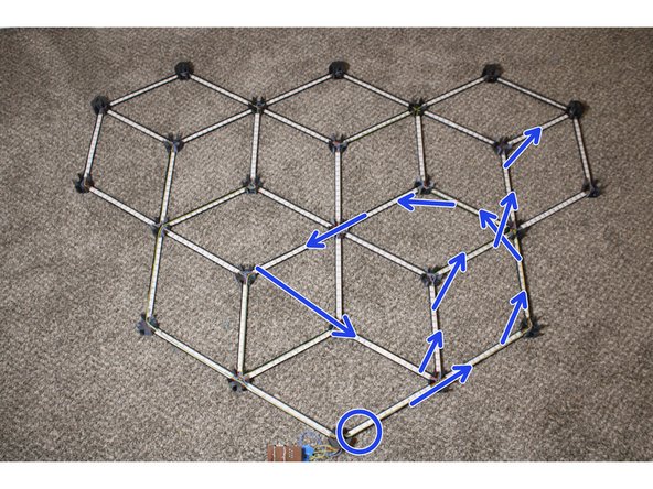 Solder up the last group of strips, starting with the strip circled blue and following the arrows.