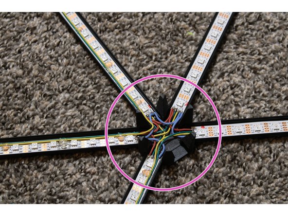 Solder wires to the DI and CI pads of the first strip in each of the four diagrams. These are circled in the diagrams. Route the wires out of the bottom node.