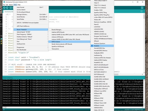 Select your ESP32's serial port. Pick Tools --&gt; Board --&gt; ESP32 Arduino --&gt; Node32s.