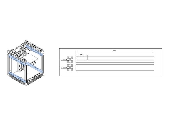 There are four 200mm front/back extrusions that are drilled on one side at one end with a 3mm hole 29.5mm offset from the end.