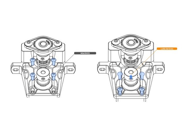 With the four screws shown in the second illustration secure the motor in the mount, but do not fully tighten.