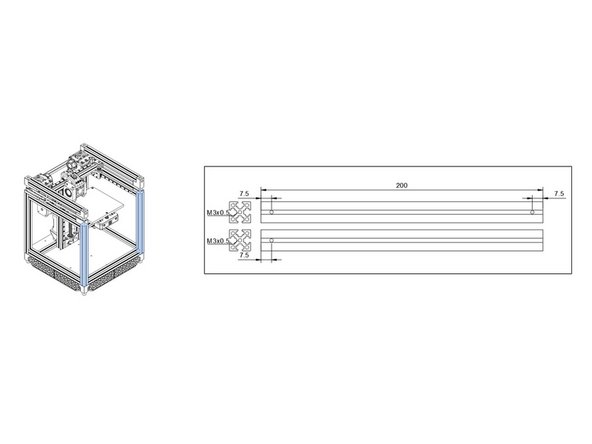 There are two 200mm front vertical extrusions that are drilled with 3mm holes at 7.5mm from each end on one side, and 7.5mm from one end of the adjacent side on one extrusion, as shown.