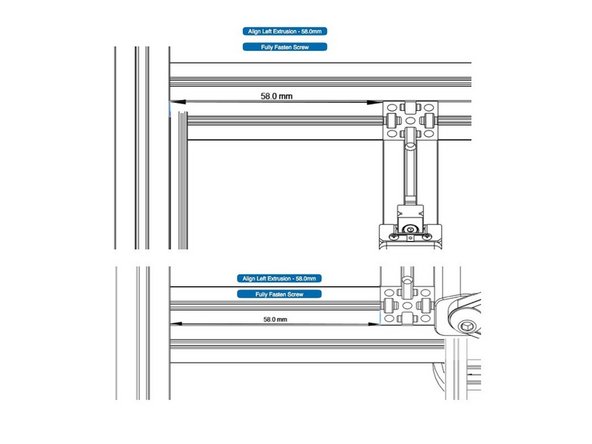 Adjust the Z verticals to 58mm on the left side, at top and bottom, and tighten the screws. This will center the Z assembly as seen in the second illustration.