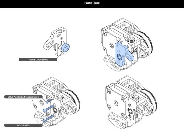 As before, the bearing should be hand pressed into the end plate as shown. Bolt the plate through the main body and into opposite bearing plate where there are receiving nuts. Add one self tapping screw as shown making sure it is tight, but avoiding stripping the plastic in which it is screwed.