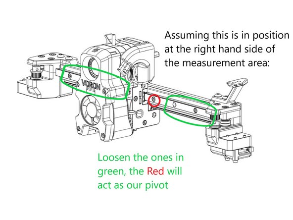 loosen all the screws securing the front rail *except* the one immediately to the carriage's right, this will be our pivot for the rail adjustment.