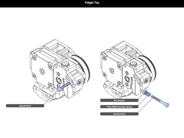 Install the idler holder and latch as shown along with the idler tensioning spring. If your Bondtech kit did not include a spring, check the Sourcing Guide for alternatives.