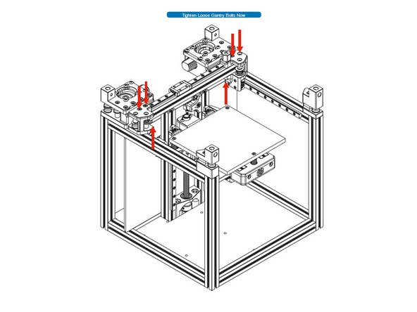 Check that the gantry moves without binding, and slowly tighten the joint screws that were left un-tightened previously, including snugged ones. Check gantry movement as you tighten.