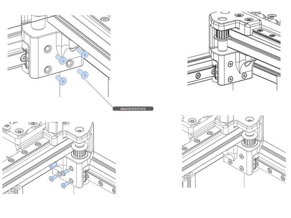 Place the gantry to lineup with the Y linear rail carts, and install the screws. Either flat head, or button head screws, will work.