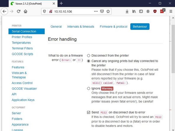 Navigate to the Settings tab (the wrench icon at the top of the page). Under &quot;Serial Connection&quot; in &quot;Additional serial ports&quot; add &quot;/tmp/printer&quot;. Then click &quot;Save&quot;.