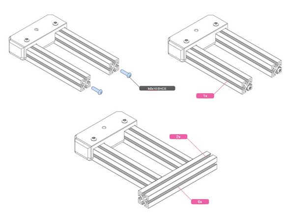 The end-cap is fastened with four screws, two in the threaded holes at the ends of two extrusions, and two into the extrusion slots, as shown.