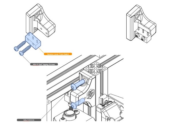Attach a pre-wired switch to the Z endstop block as shown using self-tapping screws.