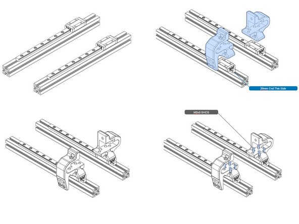 Attach bed carriers as shown. Note, the position of the 35mm spaced rail end to ensure the proper orientation of the carriers.
