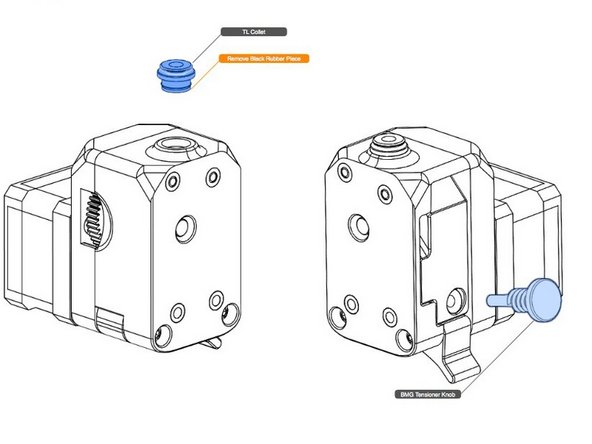 Install the Bowden collet, after removing the black rubber seal from the bottom, which is not used in this application. The collet is a press fit.