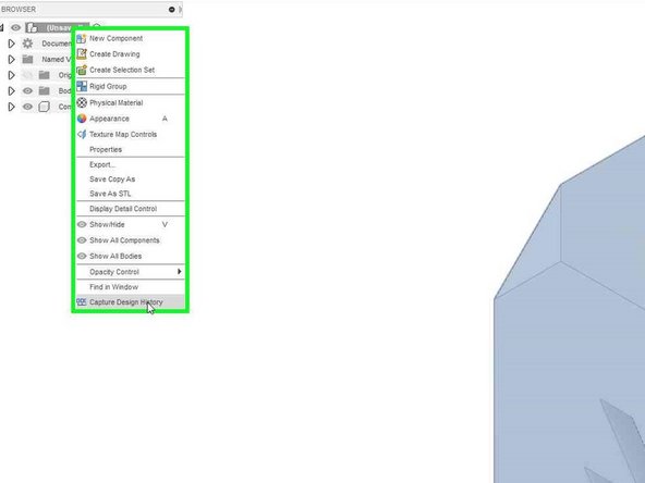 At this point you may want to enable design history before making modifications. Enabling this beforehand does not let you convert mesh to BRep!