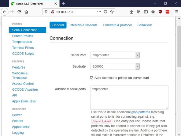 The OctoPrint web server needs to be configured to communicate with the Klipper host software. Using a web browser, login to the OctoPrint web page and then configure the following items: