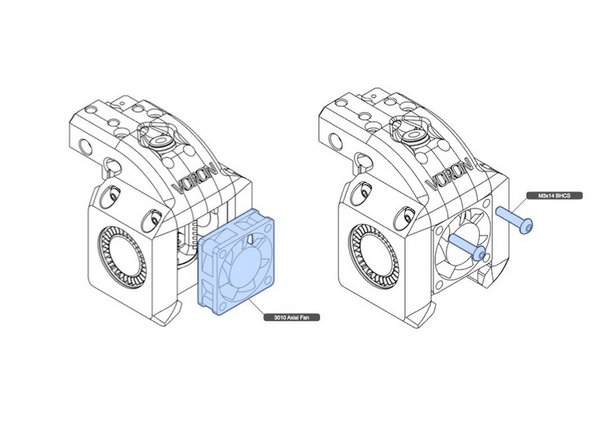 Install hotend heatsink fan, as shown. The bolts screw into plastic. Avoid over tightening.