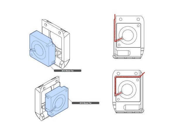 Ensure that the fan shroud openings are clear and smooth. Since the parts are printed without supports, there may be strands of filament in the air path. Use a knife to clear and smooth the airways.