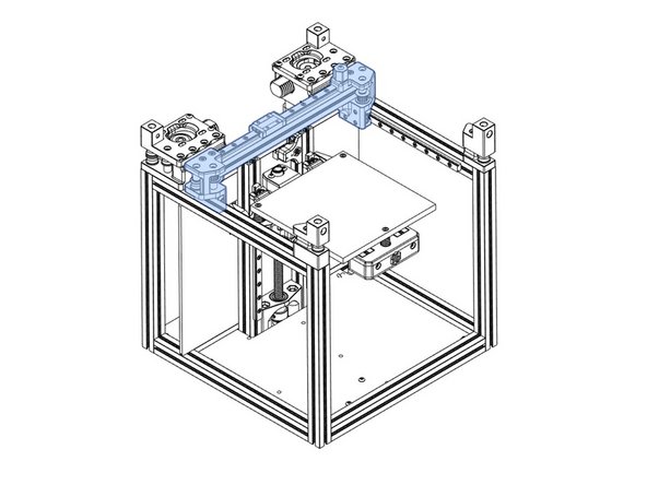 Place the gantry to lineup with the Y linear rail carts, and install the screws. Either flat head, or button head screws, will work.