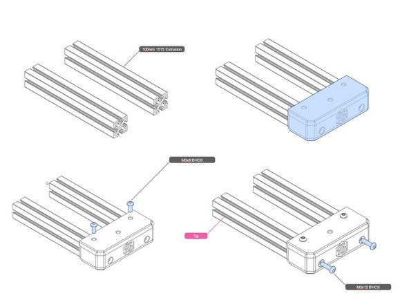 The bed carrier is assembled from three 100mm extrusions, and a printed end-cap.