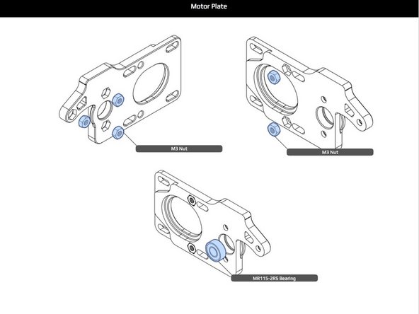 Press fit the nuts by hand, or lightly with parallel pliers. Ensure that there are no stress marks around the nuts. If stress marks appear, re-print the part for greater dimensional accuracy.