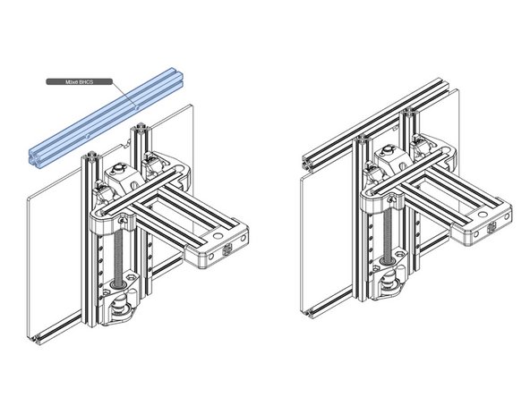 Attach an un-drilled 200mm extrusion as a top cross bar for the Z frame, using the familiar screw and slot attachment method. You will need to add M3 nuts to the extrusion for this.