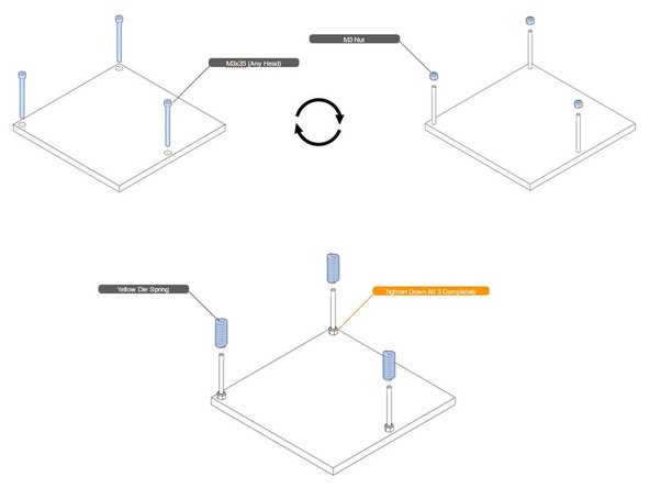 Insert the screws into the counterbore (top) side of the aluminum bed. Make sure the screw heads are slightly below the surface of the bed.