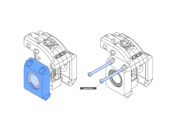 Secure the fans with the long bolts with nuts, across the toolhead body.