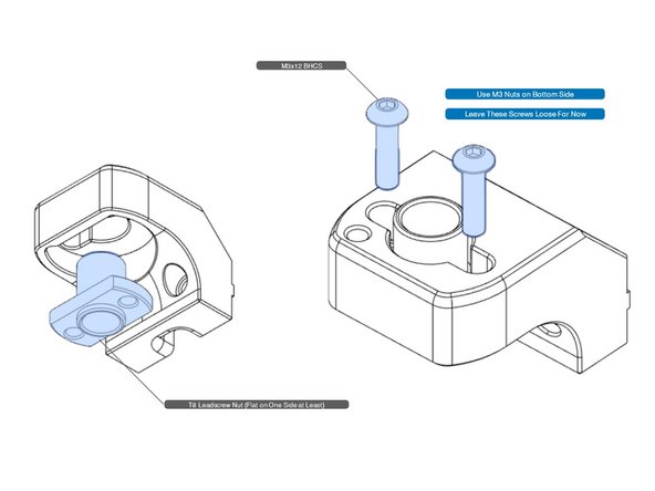 The lead screw nut is held in a bracket that attaches to the bed frame. As the lead screw turns, the bed travels with the nut.