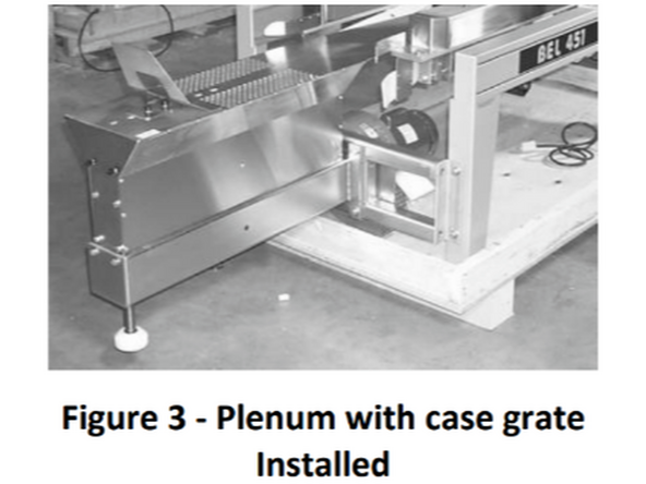 1-Remove the plenum assembly from the shipping pallet base and install it on the front of the machine  with the four 3/8” NC bolts provided. (Figure 2).