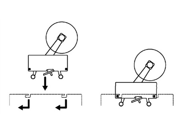 Bottom Tape Head  Place the tape head’s rear pins into the slots of the bracket. Then, slide to lock. Pivot down the free end so that the pins rest in the aligned slots.