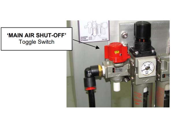 Ensure that the red ‘EMERGENCY STOP’ button is pushed down (OFF) and that the red main air shutoff valve is in the ‘off’ position before connecting an  air supply to the machine.