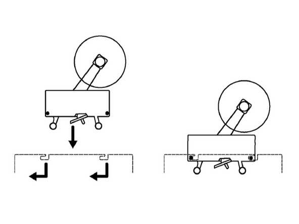 Bottom Tape Head Place the tape head’s rear pins into the slots of the bracket. Then, slide to lock. Pivot down the free end so that the pins rest in the aligned slots.