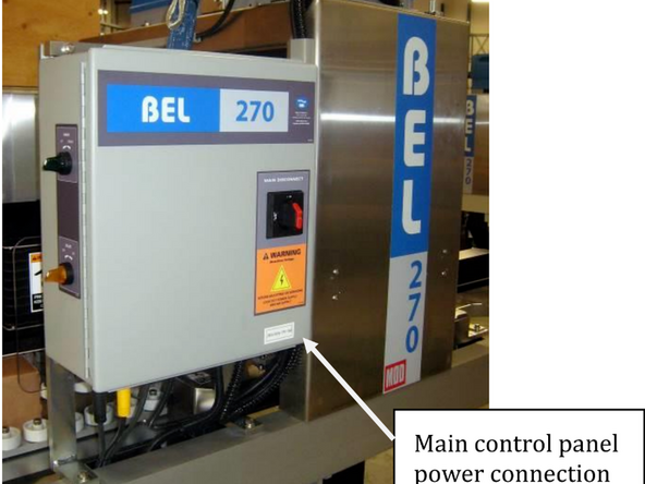 The standard BEL 270 is made to NEMA 12 specifications and requires a single-phase 240V AC power  supply for both the main machine operation and the hot melt system. A 1/2 HP TEFC motor (rated 3.7A  @ 230 V.) powers the conveyor drive. The control voltage is 24 VDC