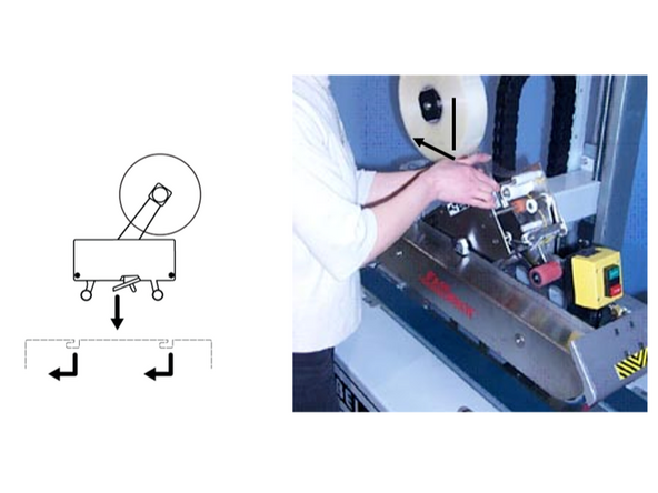 1-Lower the top conveyor and tape head holder to its lowest position by turning the Height Adjustment Handle.