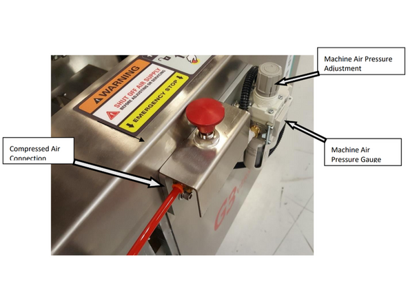 Be sure the red ON / OFF button is in the DOWN or OFF position before connecting  compressed air to the machine.