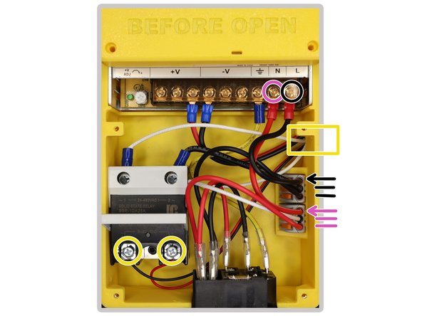 Insert the crimped cable ends to the WAGO connectors as seen in the picture and lift down the orange levers to lock them.