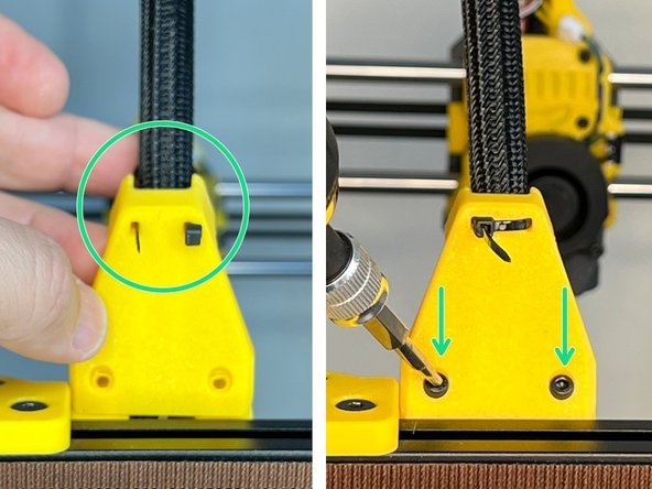 Pass the Zip Tie around the cable sleeve and insert it into the second slot on the support part. Please DO NOT TIGHTEN THE ZIP TIE now. Use two M3 x 6 mm Screws to mount the cable support.
